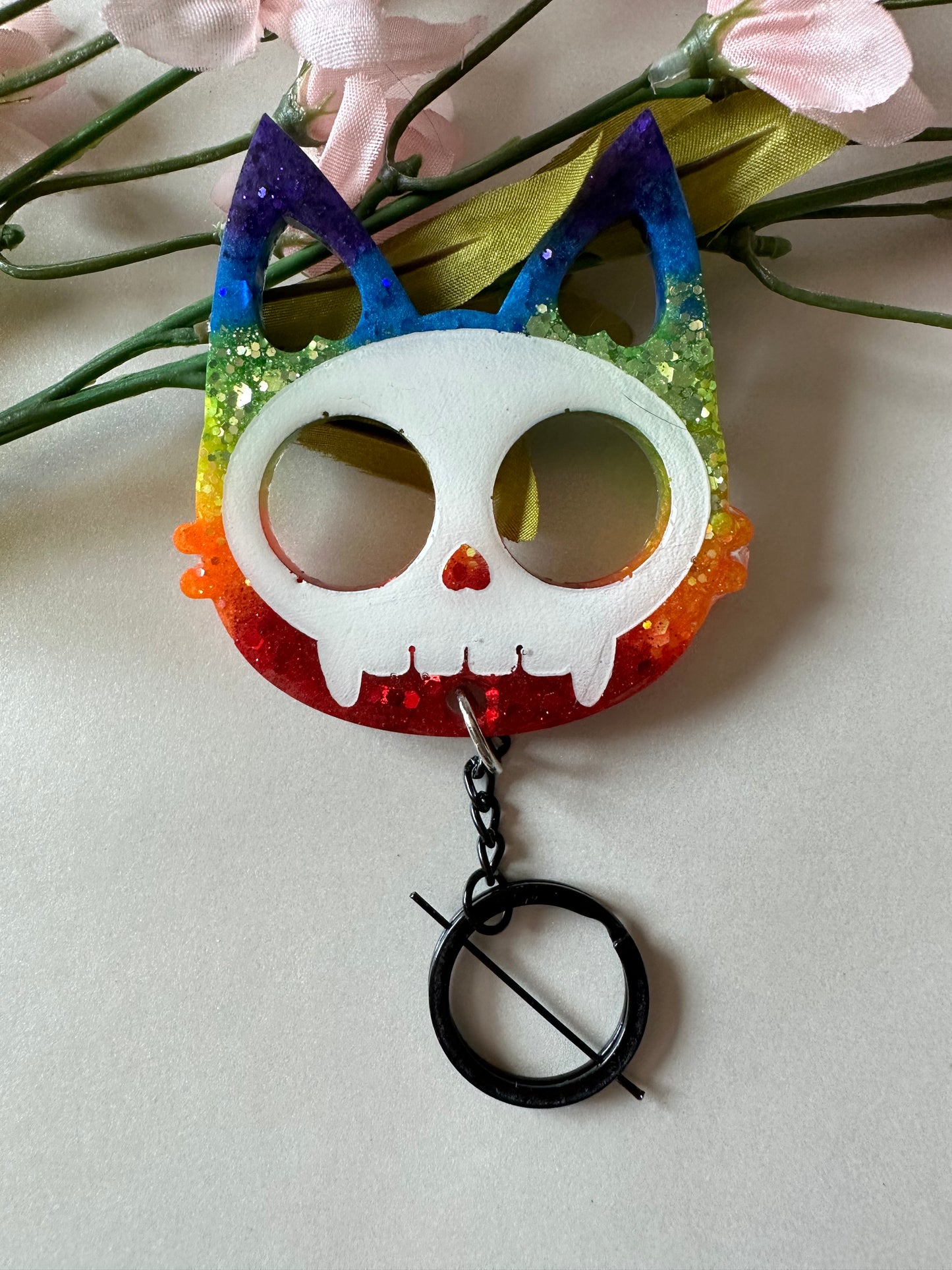 Handmade Pride Skull Cat Defense Keychain