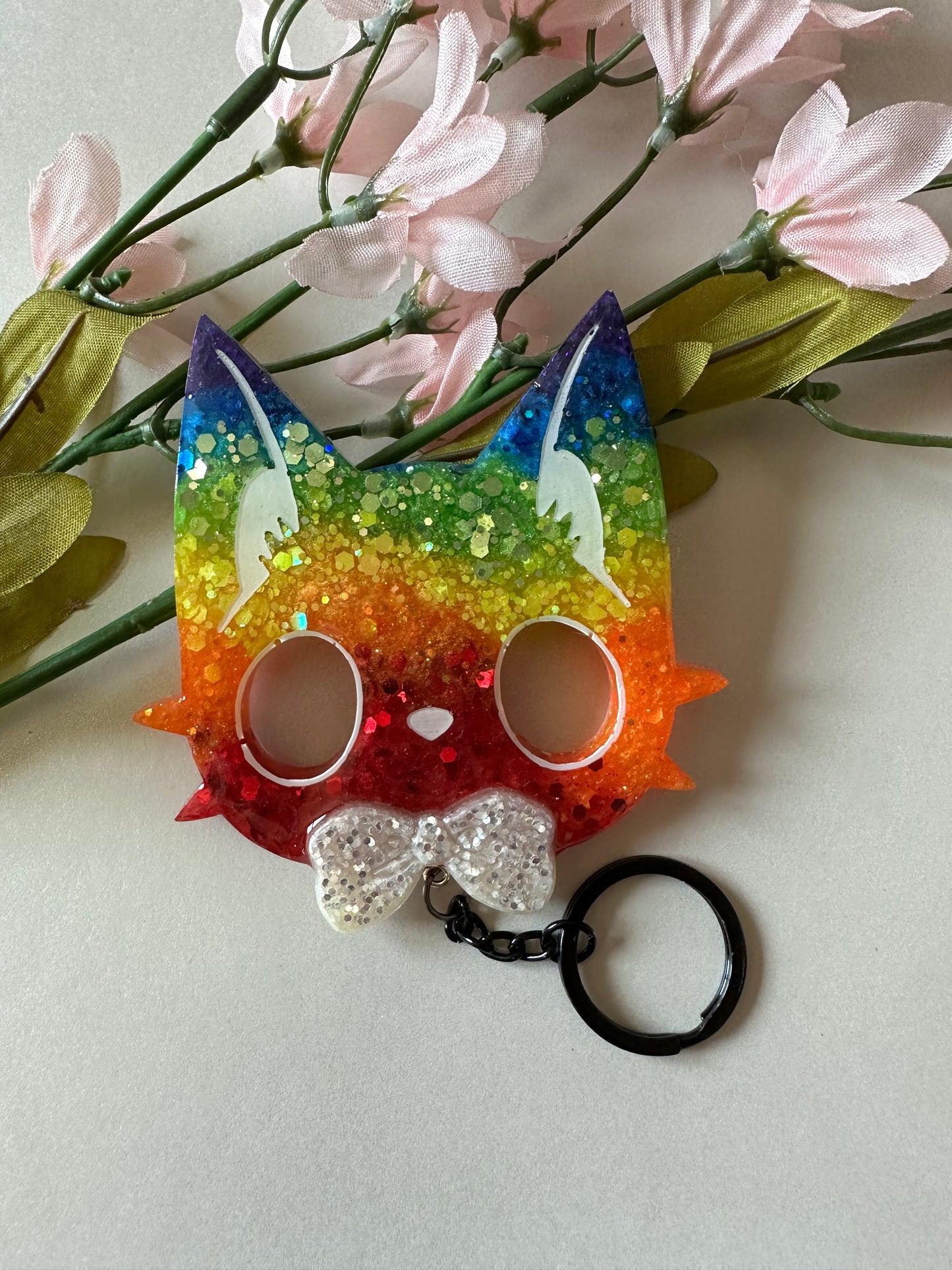 Handmade Pride Kitty with White Bow Resin Defense Keychain