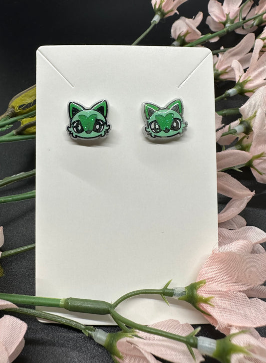 Tiny Green Kitty Monster Earrings